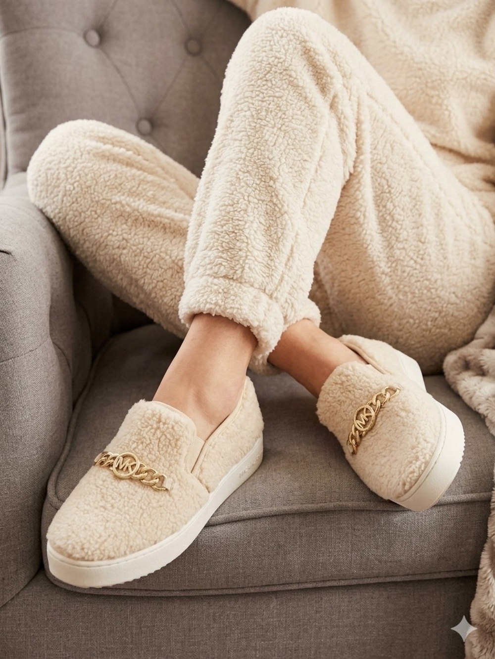 Coming Soon: Michael Kors Cream Faux-Shearling Slip-On Moccasins with Gold Chain
